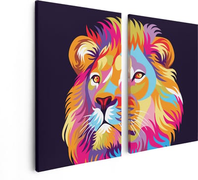 Artaza Canvas Schilderij Tweeluik Gekleurde Leeuw - Leeuwenkop - Abstract - 80x60 - Foto Op Canvas - Canvas Print
