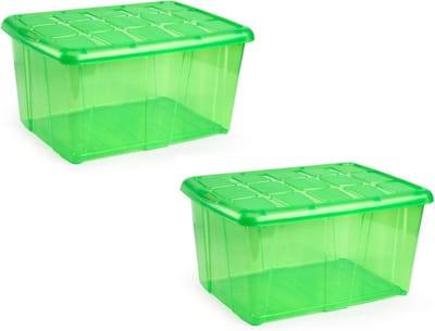 Plasticforte opslagbak organizers met deksel - 2x - transparant/groen - 60 liter - kunststof
