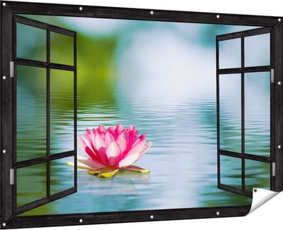 Gards Tuinposter Doorkijk Roze Lotusbloem op het Water - 180x120 cm - Tuindoek - Tuindecoratie - Wanddecoratie buiten - Tuinschilderij