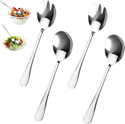 Set van 4 Roestvrij Stalen Serveerlepels en Saladevorken voor Feestelijke Gelegenheden, Ideaal voor Salades, Banketten en Familiebijeenkomsten