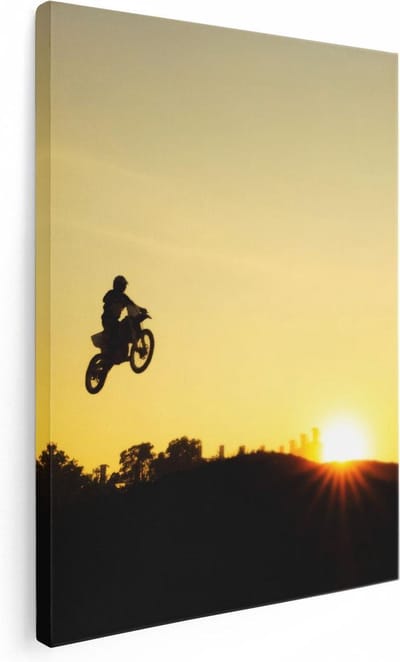 Artaza Canvas Schilderij Motor Sprong - 30x40 cm - Klein - Wanddecoratie Zon - Muurdecoratie Motorcross - Kamer Accessoires Silhouet