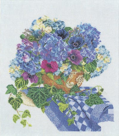 Thea Gouverneur - Borduurpakket met telpatroon - 3025 - Voorgesorteerde DMC Garens - Hortensia Anemonen - Linnen - 37 cm x 42 cm - DIY Kit
