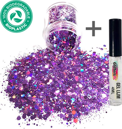 GlittersXL - Chunky Glitters (Iris Paars) + Glitter Huid Lijm [Volume 8g - Festival Jewels Glitter Outfit Lichaam en Gezicht - Make-up Diamond Dots Face Body - Diamantjes Strass Steentjes - Kinderen Volwassenen Dames Makeup Tattoo Mastix Schmink]