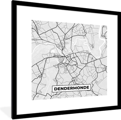 Fotolijst incl. Poster Zwart Wit- Zwart Wit – België – Plattegrond – Stadskaart – Kaart – Dendermonde - 40x40 cm - Posterlijst