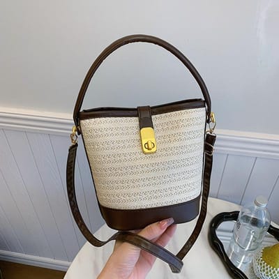 Sac tissé à la main tendance pour femme, nouveau sac tissé en paille texturé haut de gamme, sac à bandoulière à une épaule, sac seau décontracté gray