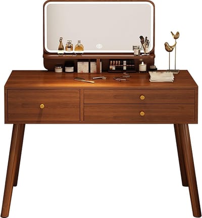 Kaptafel met Spiegel - Make-up tafel Vanity desk - Schoonheidsroutine - Verstelbare LED Verlichting - 100cm - Walnoot