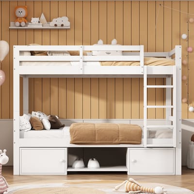 Stapelbed - kinderbed met schoenenrek en kluisjes - 2 eenpersoonsbedden - jeugdbed - eenpersoonsbed - wit - 90x200 cm - zonder matras