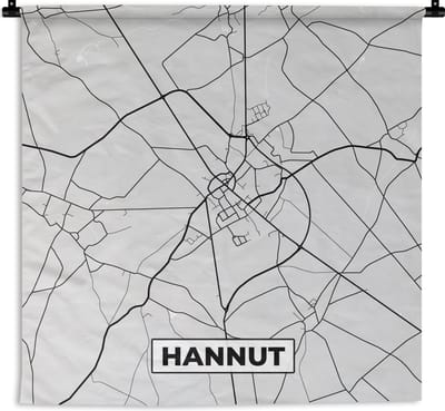 Wandkleed - Wanddoek - België – Hannut – Stadskaart – Kaart – Zwart Wit – Plattegrond - 180x180 cm - Wandtapijt