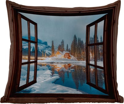 Buitenkussen - Doorkijk - Winter - Landschap - Natuur - Huis - Bergen - 45x45 cm - Weerbestendig