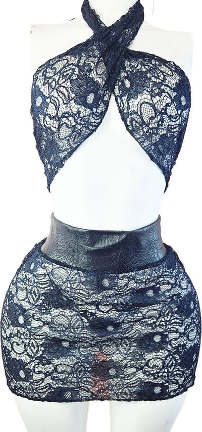 BamBella ® - Erotische Kleding set - S/M - Nep leer krokodillen print kant doorzichtig blauw zwart