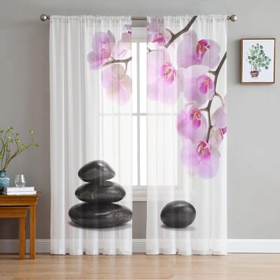 Stone Lotus Reflection Transparante Gordijnen voor Woonkamer Slaapkamer Woondecoratie Chiffon Voile Kerst Gordijnen 135W x 213H(cm)