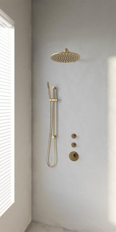 Brauer Gold Edition thermostatische inbouw regendouche SET 16 met 30 cm douchekop en gebogen muurarm en staaf handdouche en doucheslang en geïntegreerde glijstang goud geborsteld PVD