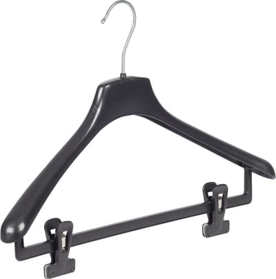 De Kledinghanger Gigant - Mantelhanger - Kostuumhanger - Jassenhanger - Volwassenen - FR42 - 50 Stuks - Kunststof - Zwart - Gebogen Model - Schouderverbreding 3,3 cm - Anti-slip Knijpers - 42 cm - Kledinghanger - Kleerhanger - FR-Serie