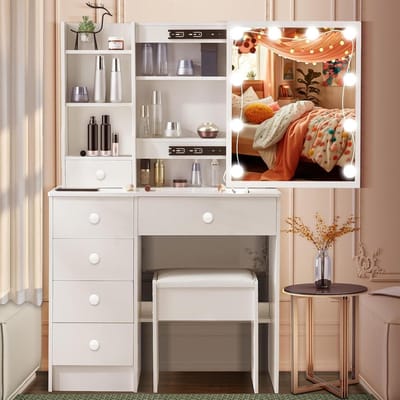 Kaptafel met verlichting - Make-uptafel spiegel - Make-up aanbrengen - Verstelbare LED-lampen - 131 x 80 x 36 cm - Wit