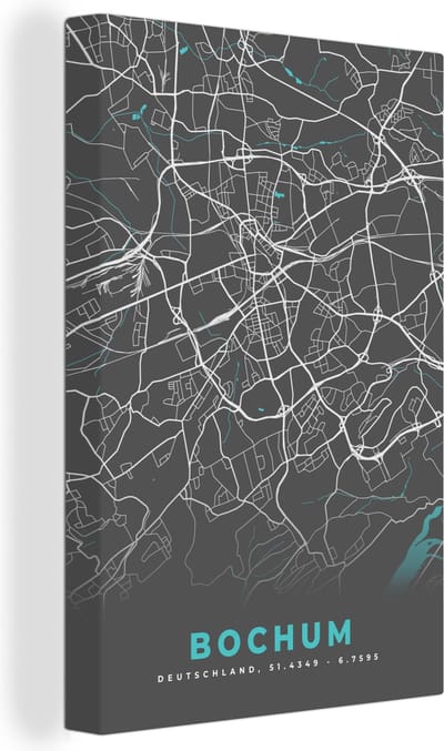 Canvas Schilderij Plattegrond – Bochum – Blauw – Stadskaart – Kaart - Duitsland - 20x30 cm - Wanddecoratie
