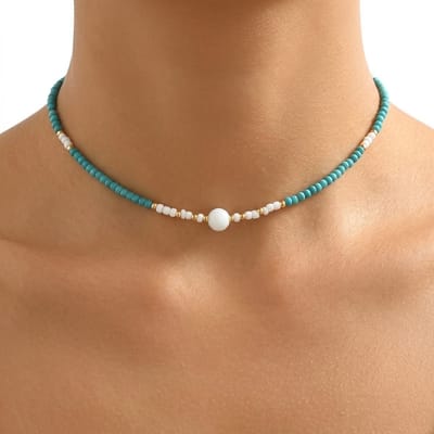 Blauw wit ketting dames kralen ketting choker met ronde kraal minimalistische hals ketting fijne kralen ketting verstelbare choker met goudkleurige details