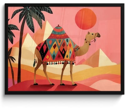 Poster in lijst - Fotolijst 80x60 cm - Posters - Kameel - Pyramides - Rode zon - Posterlijst zwart - Decoratie - Wanddecoratie woonkamer - Muurdecoratie slaapkamer
