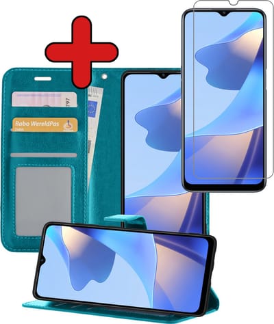 Hoesje - Met Screenprotector - Geschikt voor OPPO A16 - Luxe Pasjeshouder - Flipcase - Bookcase Portemonee - Flip Case - Kunstleer Book Case - Book Cover - Walletcase - Portemonneehoes - Telefoonhoes - Turquoise