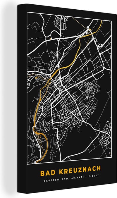 Canvas Schilderij Duitsland – Black and Gold – Bad Kreuznach – Stadskaart – Kaart – Plattegrond - 20x30 cm - Wanddecoratie
