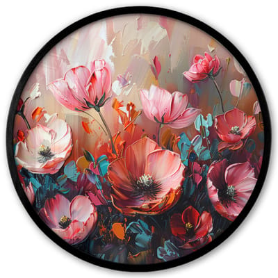 Poster in lijst Rond - Fotolijst 40x40 cm - Posters - Klaprozen - Roze - Bloemen - Botanisch - Kunst - Ronde posterlijst zwart - Decoratie - Wanddecoratie woonkamer - Muurdecoratie slaapkamer
