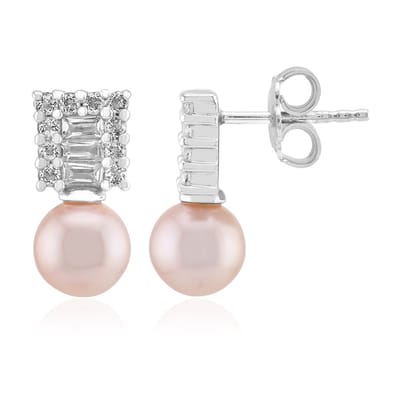 Cavill - Zilveren Oorbellen - 925 Sterling Zilver Gerhodineerd - Paarse Ming Parels 7 mm met Witte Topaas 0,668 ct - Elegante Sieraden voor Dames