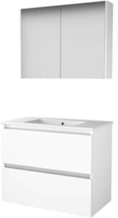 Basic-Line Comfort 46 Badkamermeubelset - 80 x 46 cm - Greeploos - 2 Lades - Keramische Wastafel - 1 Kraangat - Spiegelkast - Ice White