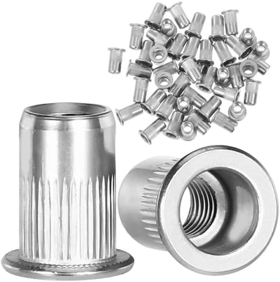 Rivetmoeren set van 100 stuks, M5, roestvrij staal, platte kop, knurled, voor bevestiging in dunwandige materialen, schroefhuls en montageaccessoires