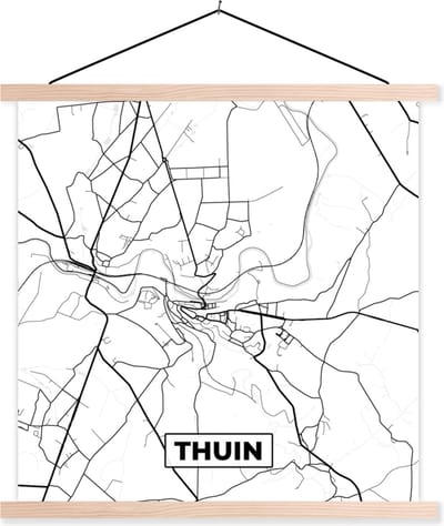 Posterhanger incl. Poster 40x40 cm - Schoolplaat - Stadskaart – Plattegrond – België – Zwart Wit – Thuin – Kaart - Textielposter - Blanke latten - Stadskaart