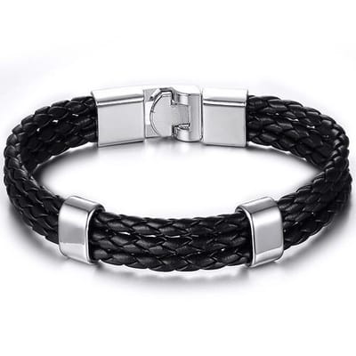 Armband Heren - Zwart Leer met Stalen Accenten - Leren Armbanden - Papa Cadeau Voor Mannen - Vaderdag