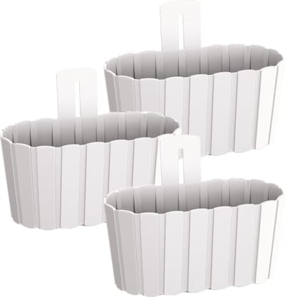 Prosperplast Muur plantenpot/bloempot houtlook - Set van 3x stuks - kunststof - 27 x 15 cm - parel wit - voor binnen/buiten