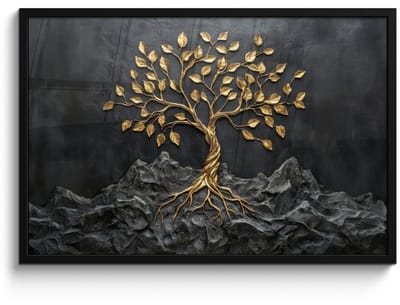 Poster in lijst - Fotolijst 90x60 cm - Posters - Bladeren - Goud - Boom - Rots - Posterlijst zwart - Decoratie - Wanddecoratie woonkamer - Muurdecoratie slaapkamer