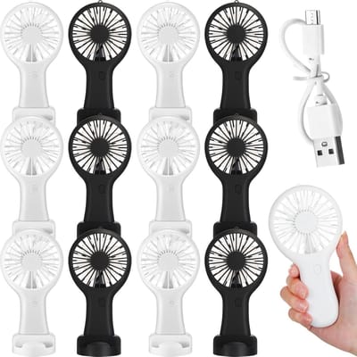 Set van 12 mini elektrische USB-draagbare ventilatoren op batterijen met datakabel - Oplaadbare stille zakventilator - Zomercadeau voor reizen (zwart en wit, 3 snelheden)