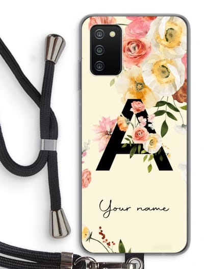 Gepersonaliseerd - Case Company® - Hoesje met koord geschikt voor Samsung Galaxy A03S hoesje met Koord - Flirty Flowers Monogram - Telefoonhoesje met Zwart Koord - Bescherming aan alle Kanten en Over de Schermrand