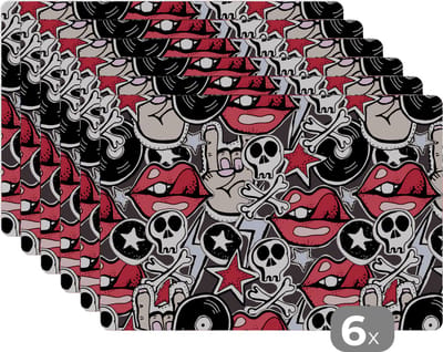 Placemat - Placemats kunststof - Rock - Rock 'n roll - Patroon - Doodshoofd - 45x30 cm - 6 stuks - Hittebestendig - Anti-Slip - Onderlegger - Afneembaar
