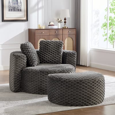 REDOM - Eenpersoonsfauteuil Met Hocker - 360° Tonvormig - Modern - Voor Woonkamer Of Slaapkamer - Stof - Donkergrijs - 130 X 115 X 103 Cm
