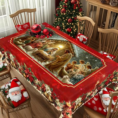 Kerst Vintage Boerderij Tafelkleed met Kerstman, rendieren & Kerstboom prints. Rechthoekige & ronde maten voor Kerst/Nieuwjaarsfeesten, keuken, binnen & 140x180cm