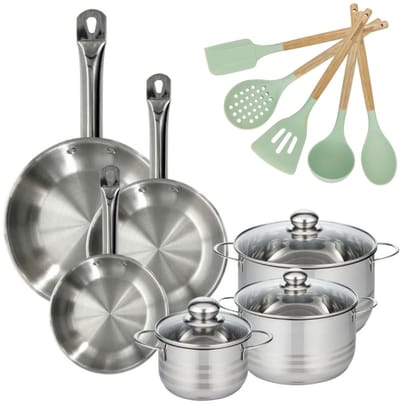 Set van 3 Pannen 20/24/28cm en 3 Kookpotten 16/20/24cm Fackelmann Etherna met 5 keukengerei