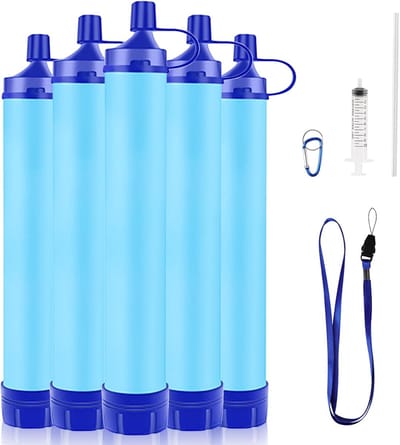 5 Stuks Outdoor Camping Waterfilter Strohalm – 1500L Capaciteit, 0,1 Micron Filternauwkeurigheid, Verwijdert 99,99% Bacteriën & Parasieten, BPA-vrij, Blauw