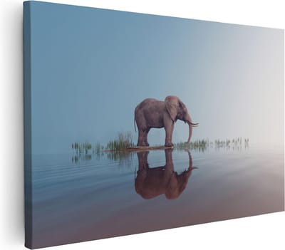 Artaza Canvas Schilderij Olifant Afrika - 30x20 cm - Klein - Wanddecoratie Waterreflectie - Muurdecoratie Dieren - Kamer Accessoires