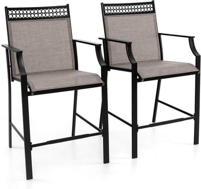 COSTWAY Set van 2 tuinstoelen, hoge terrasstoelen, balkonstoelen met sneldrogende stof en metalen frame, outdoorstoelen, belastbaar tot 180 kg, voor tuin, balkon, zwembad (koffie)