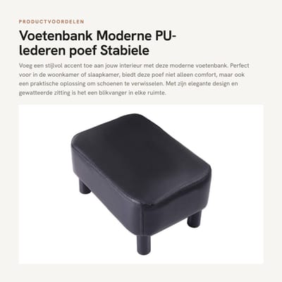 Dailygoods- Voetenbank 42 cm - Rechthoekige Poef - PU-lederen Voetsteun - Antislip - Gewatteerde Zitting - Duurzaam & Stabiel