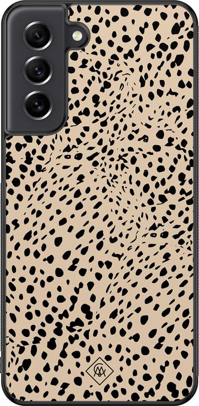Casimoda® hoesje - Geschikt voor Samsung Galaxy S21 FE - Stippen bruin abstract - Zwart TPU Backcover - Gestipt - Bruin/beige