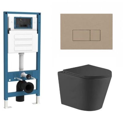 QeramiQ Dely Toiletset - inbouwreservoir Qeramiq Flush - slim zitting - kunststof taupe bedieningsplaat - rechthoekige knoppen - mat zwart