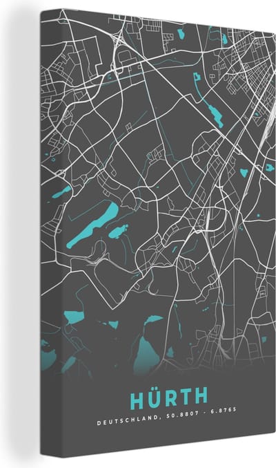 Canvas Schilderij Stadskaart – Hürth – Duitsland – Plattegrond – Kaart - 20x30 cm - Wanddecoratie