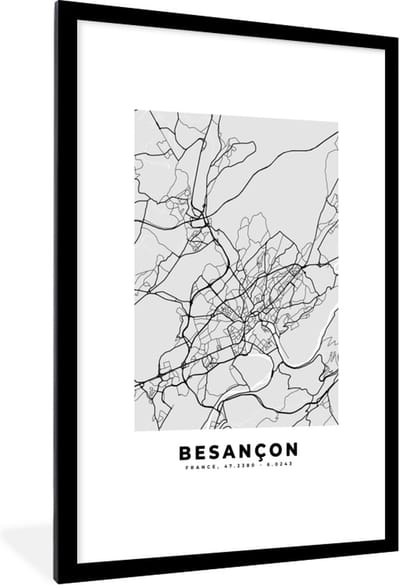 Fotolijst incl. Poster - Plattegrond - Kaart - Stadskaart - Frankrijk - Besançon - 80x120 cm - Posterlijst