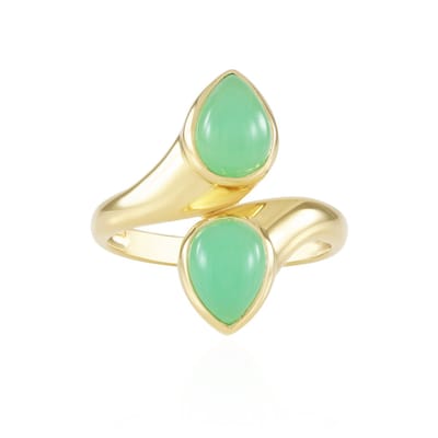 Cavill - Zilveren Ring met 2 Peervormige Chrysopraas Cabochons uit Brazilië - 925 Sterling Zilver Verguld - 2,34 ct - Elegante Groene Edelsteen Ring