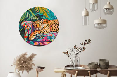 WallCircle - Wandcirkel - Muurcirkel - Luipaard - Kleurrijk - Tropisch - Aluminium - Dibond - 90x90 cm - Binnen en Buiten