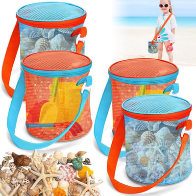 4 stuks - Opengewerkte schelpentas -Zak voor het verzamelen van strandschelpen - Opbergtas van gaas voor schelpen - Reisemmer voor strandspeelgoed - Geschikt om in de zandbak te spelen - Opbergtas voor strandspeelgoed - Blauw,oranje kleur
