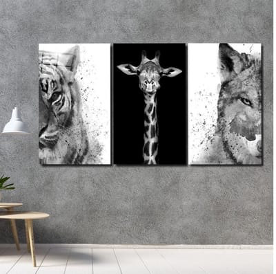 Insigne Glazen Schilderijen - Dieren - Giraffe - Tijger - Wolf - 3-Delig Mega Glasschilderij - 3x72x46 cm