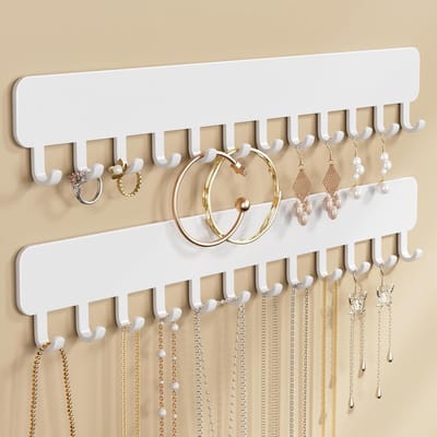 Muurbevestigde Sieraden Organizer met Zelfklevende Haken voor Kettingen, Armbanden en Oorbellen, 2 Stuks, Ideale Oplossing voor Sieradenopslag en Tentoonstelling in Wit